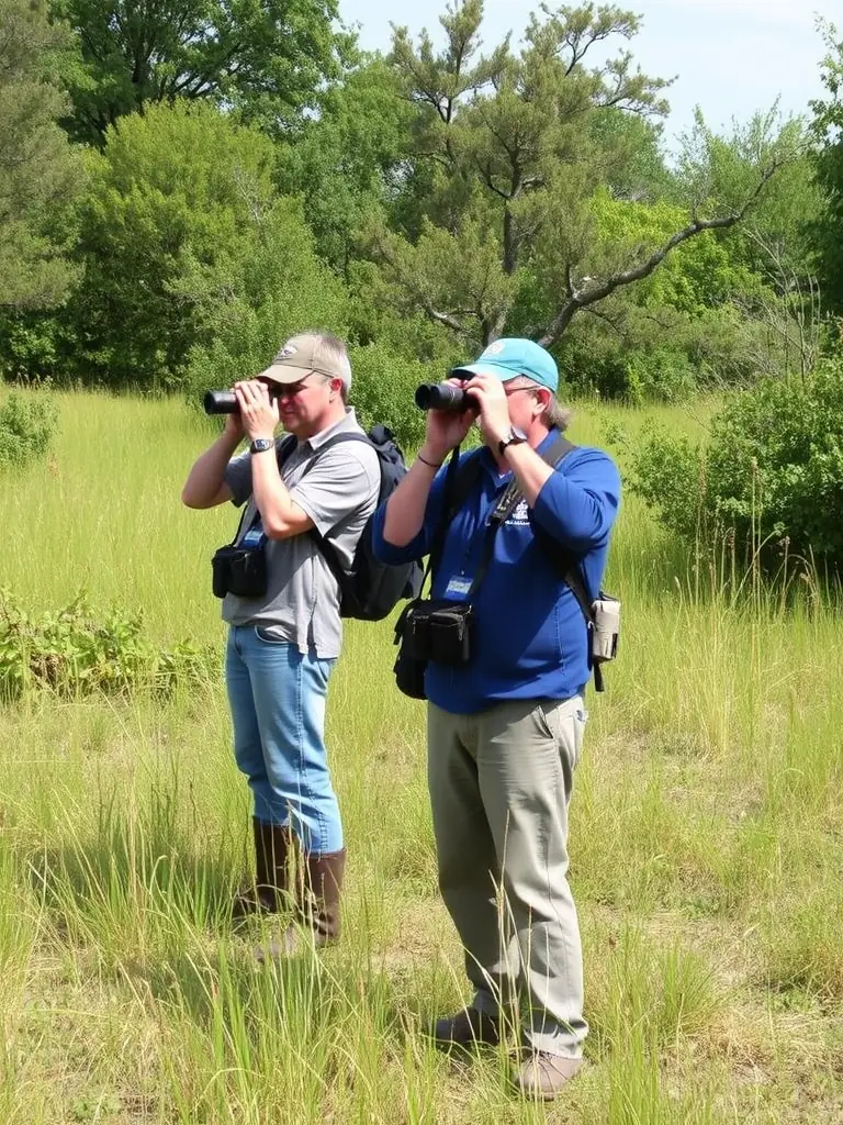 A photograph depicting SCCH members participating in a wildlife census, using binoculars and notebooks in a natural habitat, emphasizing their commitment to ecological monitoring.