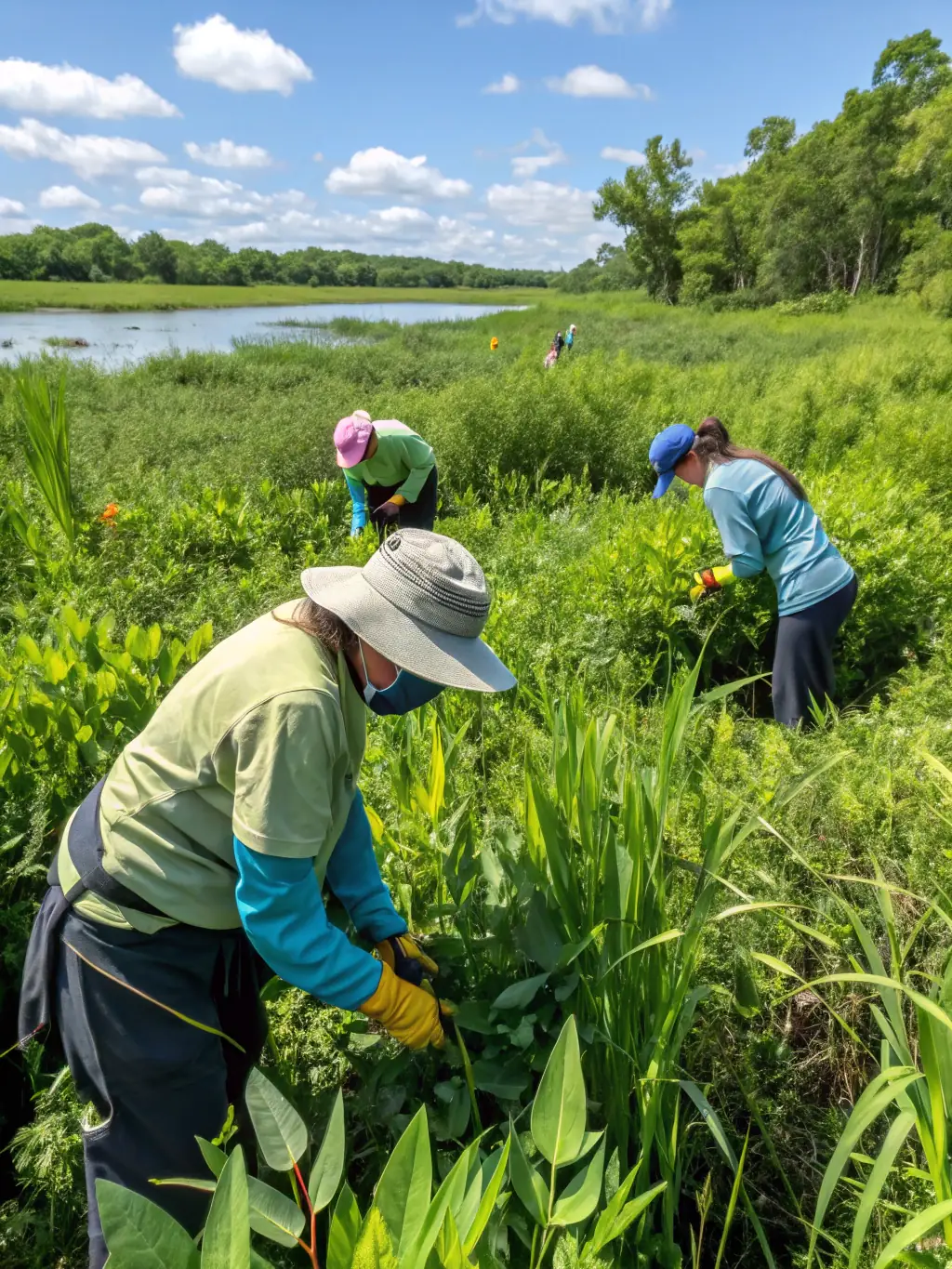 A photo of SCCH members removing an invasive plant species from a local habitat, showcasing their dedication to nuisance control and habitat preservation.